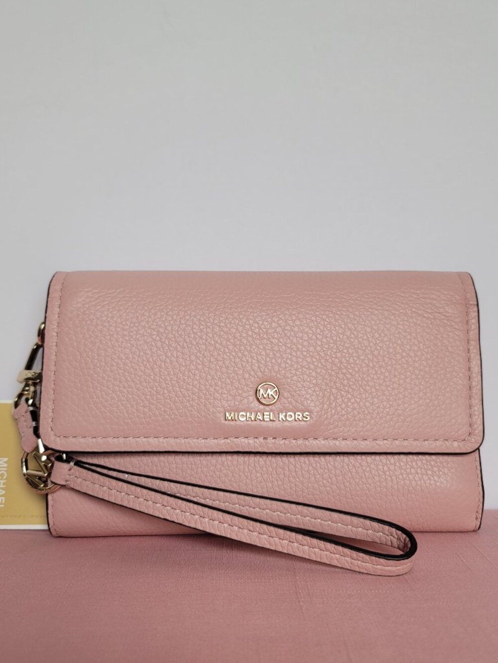MICHAEL KORS Jet Set Charm Pebbled Leather Large Flap Phone Wristlet-S.Rose⭐$98